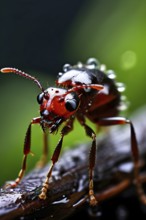 Close up of a red wood ant glistening with delicate raindrops, AI generated