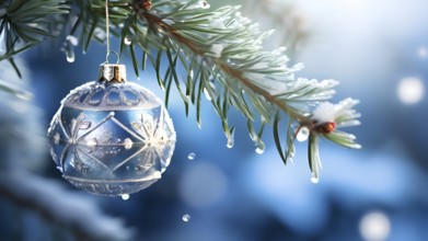 Set of Christmas ornaments hanging on a snow-covered pine tree branch, with frost clinging to the