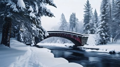 Serene scene of a snow-covered bridge arching over a frozen river, with softly falling snowflakes