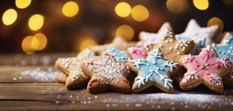 A detailed shot of Christmas cookies on a wooden table, featuring star-shaped cookies with colorful