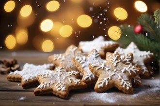 A detailed shot of Christmas cookies on a wooden table, featuring star-shaped cookies with colorful