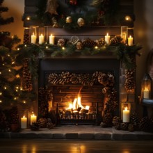 A cozy fireplace mantle decorated with pine cones, garlands, and lit candles, with a close-up focus