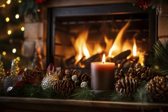 A cozy fireplace mantle decorated with pine cones, garlands, and lit candles, with a close-up focus