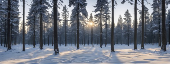 Peaceful snowy forest clearing at dawn with snow softly blanketing the ground and frost-covered