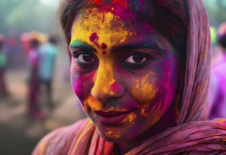 Indian woman colored face portrait during Holi Hindu festival, AI generated