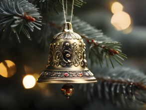 Vintage Christmas bell ornament hanging on a snow-dusted evergreen branch, capturing the intricate