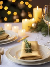 Beautifully decorated Christmas table setting with a golden napkin ring, sparkling cutlery, and a