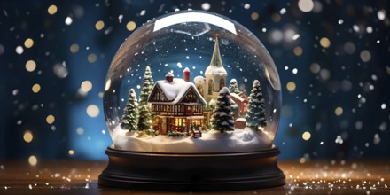 Snow globe with a tiny festive village inside, capturing the swirling snow and the light