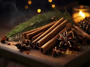 Christmas spices like cinnamon sticks, star anise, and cloves arranged on a wooden table, with soft