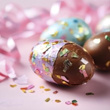 Small chocolate Easter eggs wrapped in shiny foil, placed on a bed of shredded pastel-colored