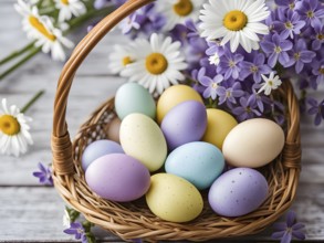 Pastel-colored Easter eggs in a wicker basket, surrounded by delicate spring flowers like daisies