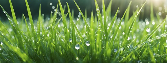 Fresh green grass blades with morning dew, capturing the sparkling droplets and soft sunlight, AI