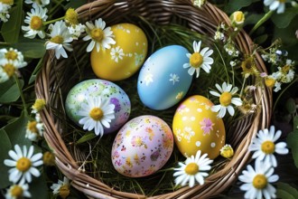 Vibrant-colored Easter eggs in a wicker basket, surrounded by delicate spring flowers, AI generated