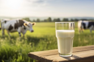 Drinking glass with milk on wooden bench with blurry sunny meadow with cows in background. KI