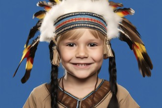 Young boy child dressed up as Native American for Halloween or carnival. Concept for Cultural