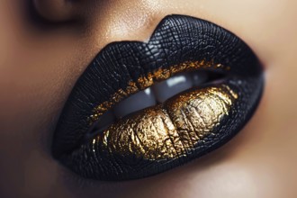 Close up of woman's lips with black and golden lipstick. Generative Ai, AI generated