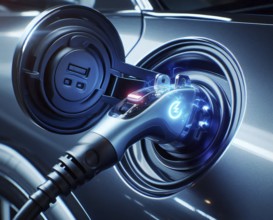 Electric car charging station, charging plug, modern electric car or EV, AI generated