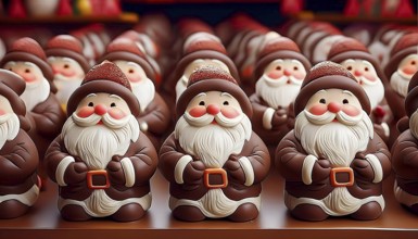 Cheerful looking chocolate Santas lined up on a shelf in a shop, AI-generated image, AI generated