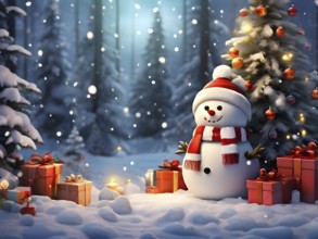 Peaceful and serene Christmas scene with a decorated Christmas tree with gifts presents and a cute