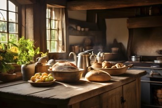 Rustic kitchen interior with exposed wooden beams, a farmhouse sink, and a table set with freshly