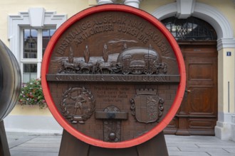 Beer keg of the brewery Kulmbacher Sandlerbräu in front of the town hall during the Kulmbacher