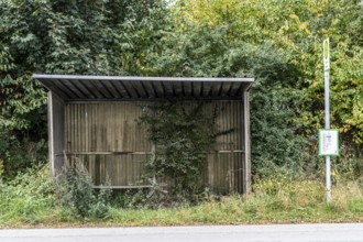 Bus stop in the countryside, on the L828, on Eggestraße, neglected bus shelter, line to