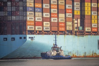 Harbour tugs bring the container freighter Madison Maersk from its berth at the RWG Container