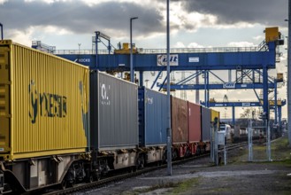 Containers arrive by train at the Logport, DIT, Duisburg Intermodal Terminal, part of the new Silk