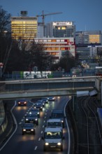 The skyline of Essen city centre, A40 motorway, Ruhr Expressway, North Rhine-Westphalia, Germany,