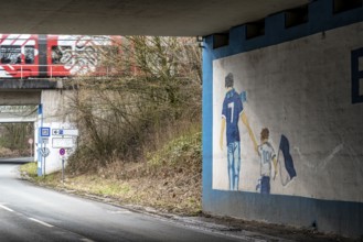 Wall murals, fan paintings of the Bundesliga club FC Schalke 04, at the Schalke stadium, Veltins