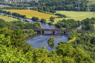 The Ruhr near Hagen, railway bridge, mouth of the river Lippe into the Ruhr, green Ruhr landscape,