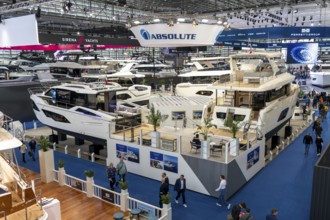 Large yachts, luxury yachts, in Hall 6 of BOOT 2024, the world's largest yacht and water sports