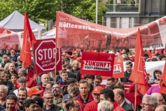 Demonstration by many thousands of steelworkers in front of the ThyssenKrupp headquarters in Essen