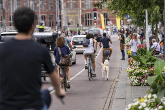 Cycle path on the Damrak shopping street, Amsterdam, Netherlands