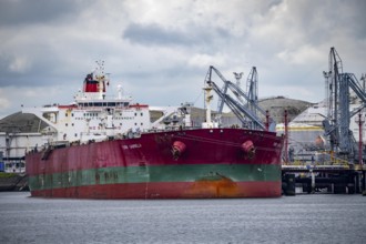 Large tanker for crude oil, Torm Gabriella, being unloaded, in the Petroleumhaven, seaport of