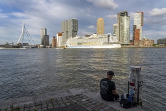 Rotterdam, skyline at the Nieuwe Maas, Erasmus Bridge, skyscrapers at the Kop van Zuid district,