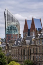 The historic Binnenhof, seat of the Dutch government, Hofvijver pond, skyline of the city centre at