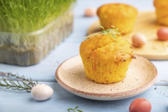 Homemade cakes with chocolate eggs and carrot microgreen on a blue wooden background. side view,