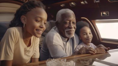 Elderly successful african american grandparent and children in their private executive luxury jet,