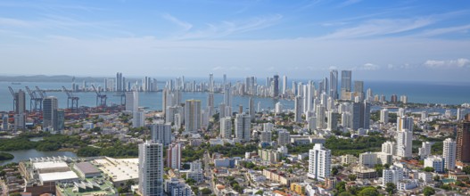 Scenic view of Cartagena cityscape, modern skyline, hotels and ocean bays Bocagrande and Bocachica