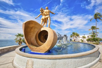 Mazatlan, Mexico-10 December, 2018: Dolphin Statue located on scenic Mazatlan Promenade (Malecon)