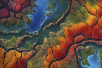 Aerial view perpendicular top down of an abstract colorful river along the coastline, AI generated