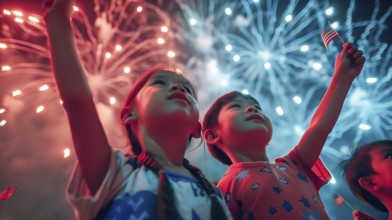 Cute chinese children enjoying the american holiday fireworks. generative AI, AI generated