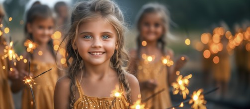 Cute children celebrating with fun sparklers. generative AI, AI generated