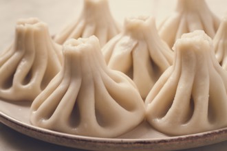 Traditional Georgian dish, Khinkali Kalakuri, on a marble table, selective focus, rustic, toned