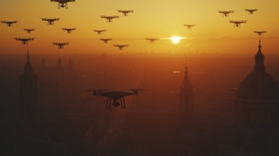 Swarm of UAV unmanned aircraft drones flying near the United States capitol at sunset, AI generated