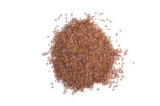 Pile of raw red quinoa isolated on white background. Top view, flat lay, close up, macro