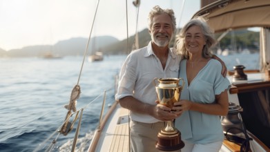 Happy sailing couple holding their trophy on the deck of their sailing boat. generative AI, AI