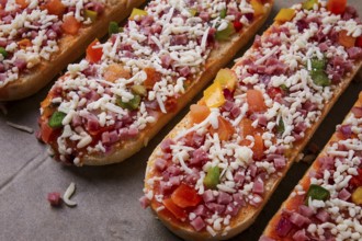 Pizza on a baguette, top view, close-up, no people, fast food, street food