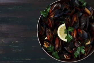 Fresh, Boiled mussels, Black Sea, with parsley and lemon, no people, top view